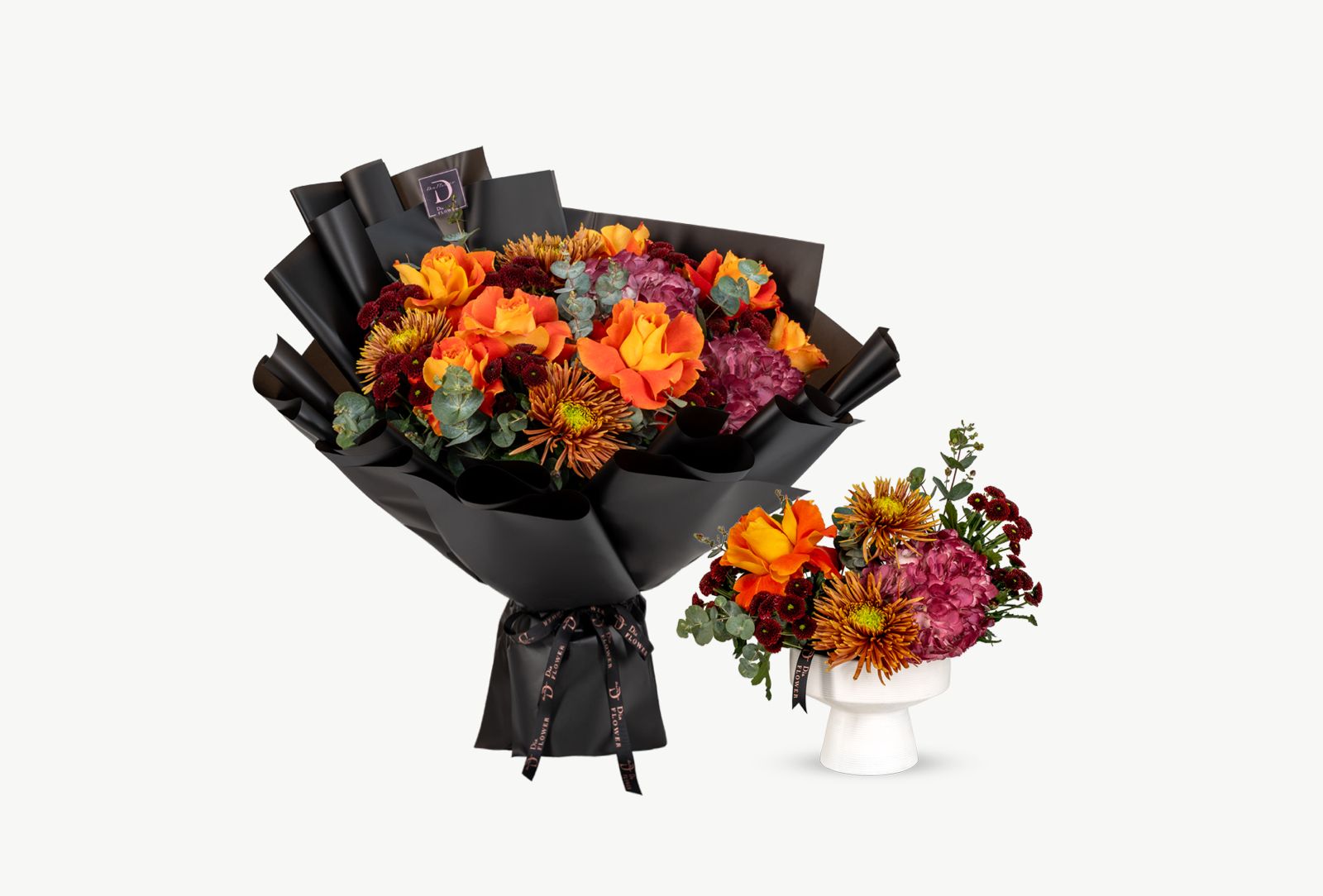 Color-coordinated flower bouquet and vase arrangement